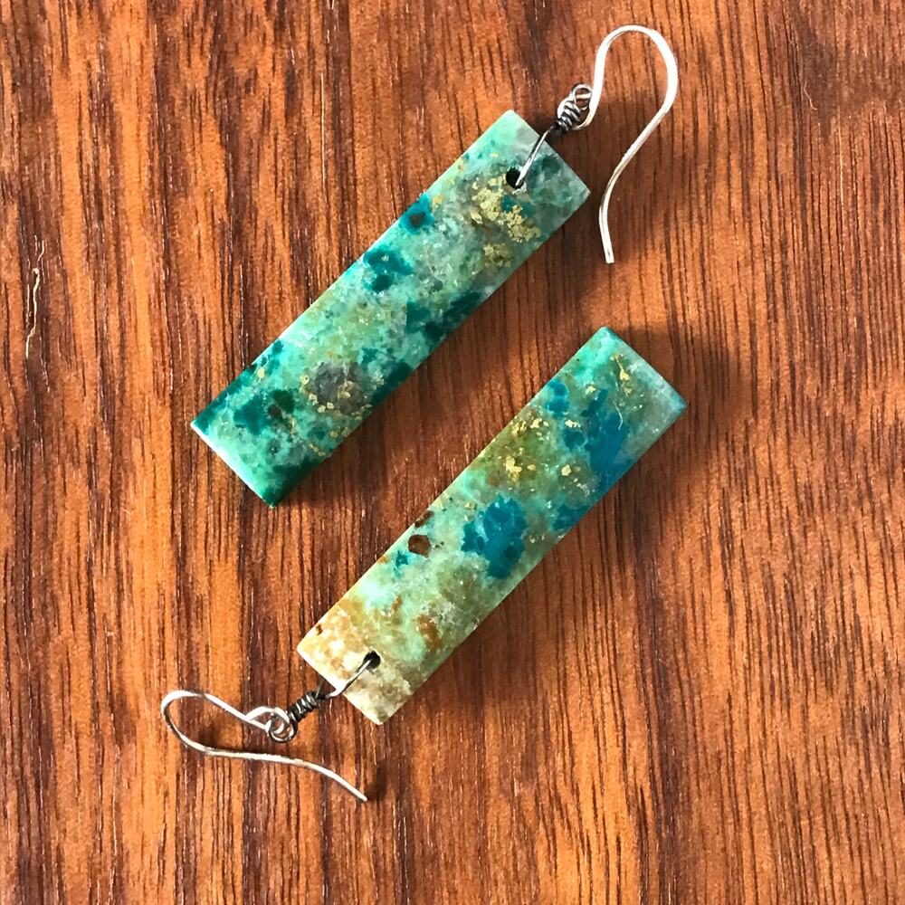 Artisan semiprecious Chrysocolla rectangle dangle / drop earrings
